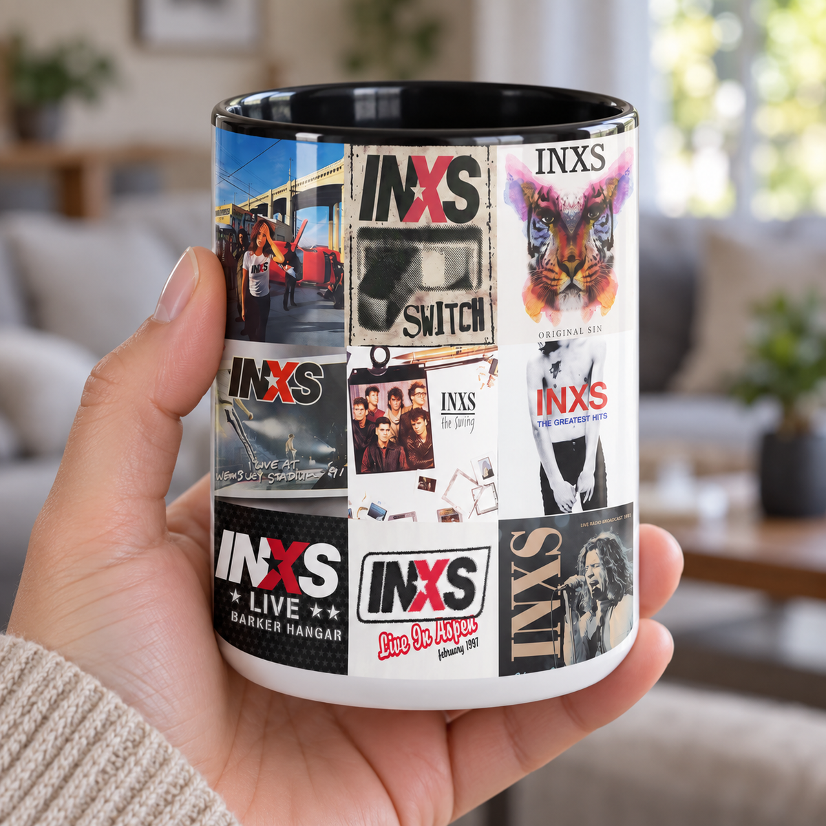 INXS Black Two-Tone Accent Coffee Mug - Classic Band Album Covers Collage Mug
