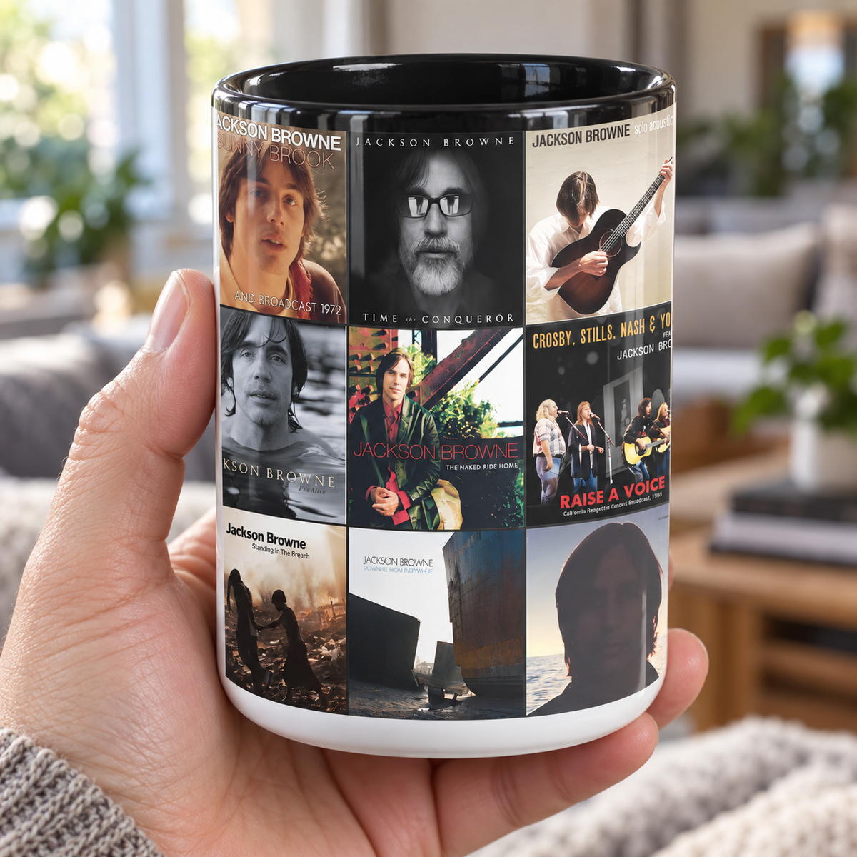Jackson Browne Black Two-Tone Accent Coffee Mug - Classic Band Album Covers Collage Mug