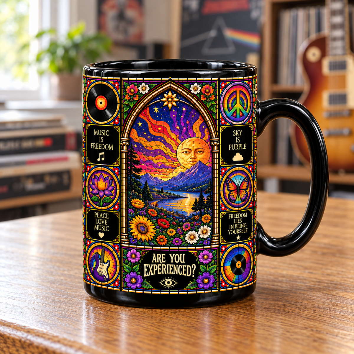 Jimi Hendrix Stained Glass Ceramic Coffee Mug - Stratocaster Guitar & Peace Cup - Psych Rock Band Fan Unique Gift Idea