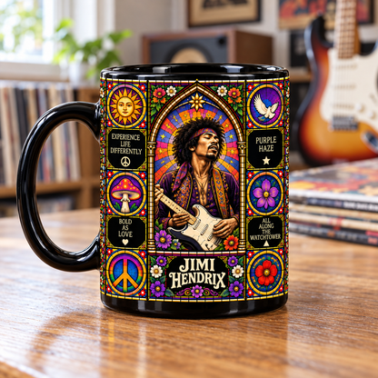 Jimi Hendrix Stained Glass Ceramic Coffee Mug - Stratocaster Guitar & Peace Cup - Psych Rock Band Fan Unique Gift Idea
