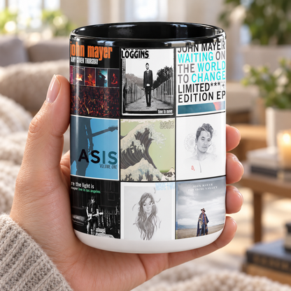John Mayer Black Two-Tone Accent Coffee Mug - Classic Band Album Covers Collage Mug