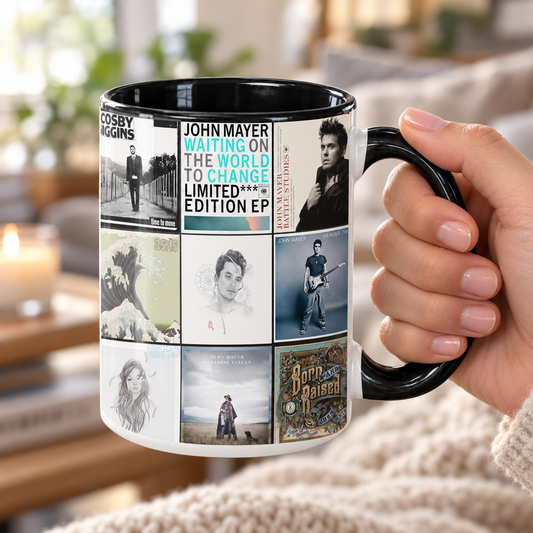 John Mayer Black Two-Tone Accent Coffee Mug - Classic Band Album Covers Collage Mug