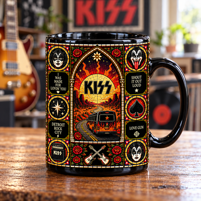 KISS Stained Glass Ceramic Coffee Mug - Face Paint & Tour Bus Cup - Glam Hard Rock Band Music Fan Unique Gift Idea