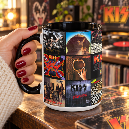 KISS Black Two-Tone Accent Coffee Mug - Classic Rock Band Album Covers Collage Mug