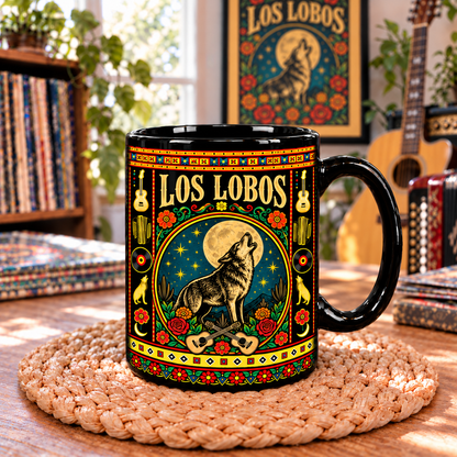 Los Lobos Mexican Folk Art Ceramic Coffee Mug - Howling Wolf Mascot & Accordion Cup - Chicano Rock Fan Unique Gift Idea