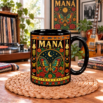 Maná Rock Band Mexican Folk Art Ceramic Coffee Mug - Guitar & Waves Sunburst Art Cup for Music Lovers Home Kitchen Decor
