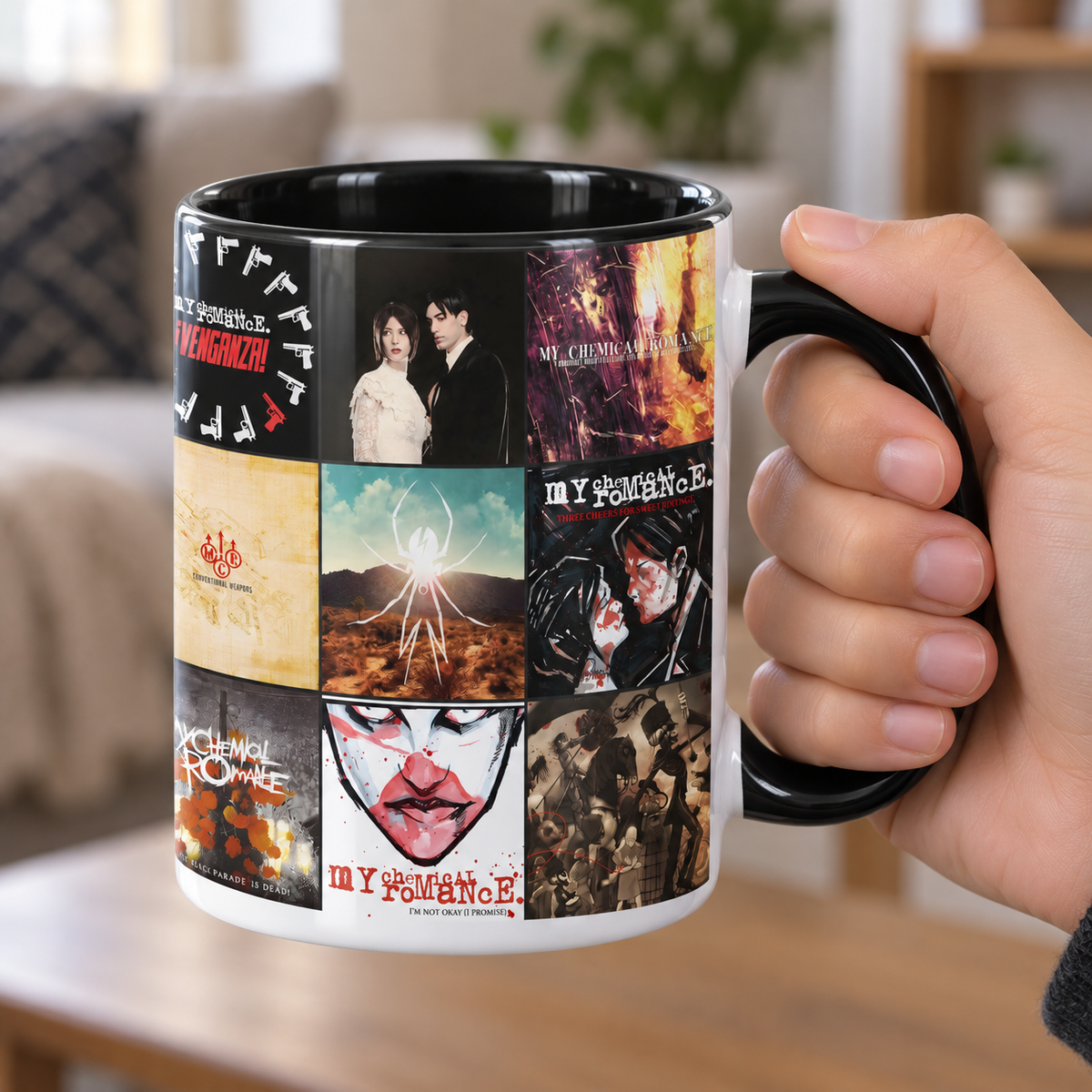 My Chemical Romance Black Two-Tone Accent Coffee Mug - Classic Band Album Covers Collage Mug
