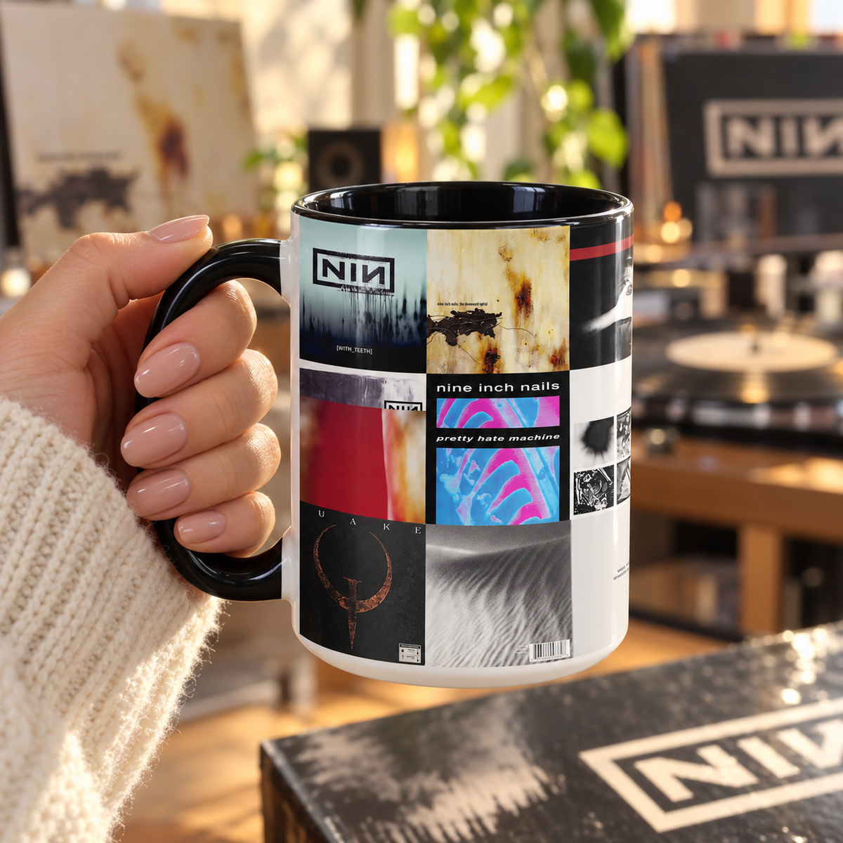 Nine Inch Nails Black Two-Tone Accent Coffee Mug - Classic Band Album Covers Collage Mug