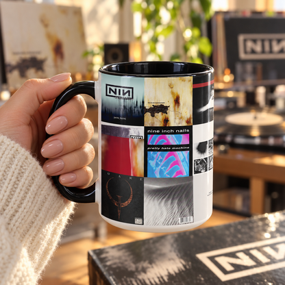 Nine Inch Nails Black Two-Tone Accent Coffee Mug - Classic Band Album Covers Collage Mug