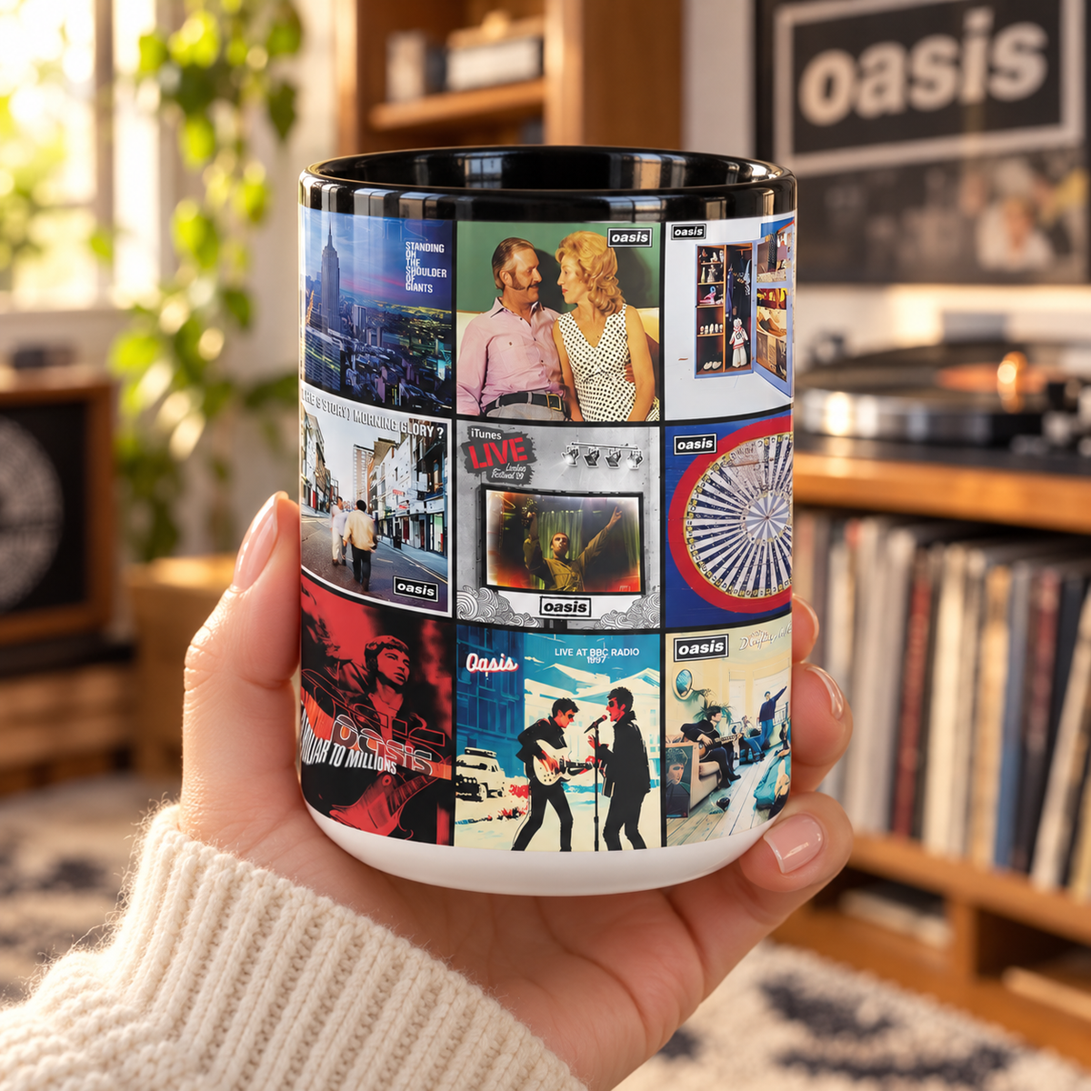 Oasis Black Two-Tone Accent Coffee Mug - Classic Band Album Covers Collage Mug