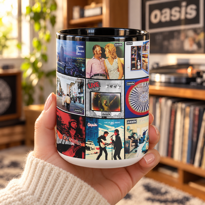 Oasis Black Two-Tone Accent Coffee Mug - Classic Band Album Covers Collage Mug
