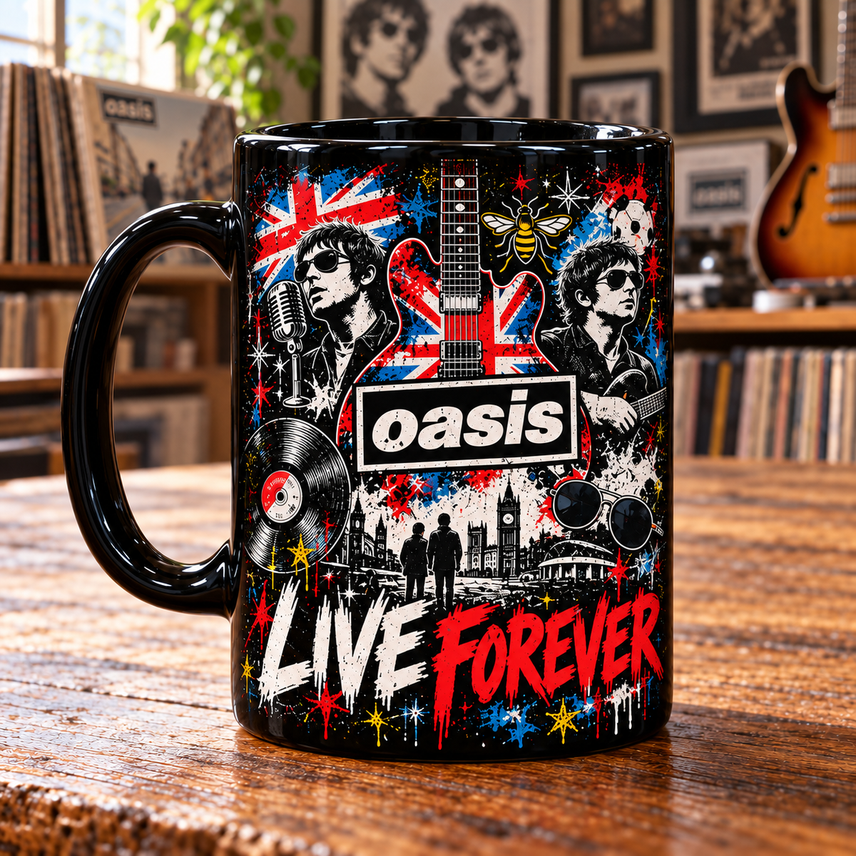 Oasis Band Black Ceramic Coffee Mug - Vintage Britpop Graffiti Union Jack & Gallagher Brothers Art Cup - Rock Music Fan Gift