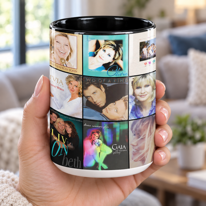 Olivia Newton-John Black Two-Tone Accent Coffee Mug - Classic Band Album Covers Collage Mug