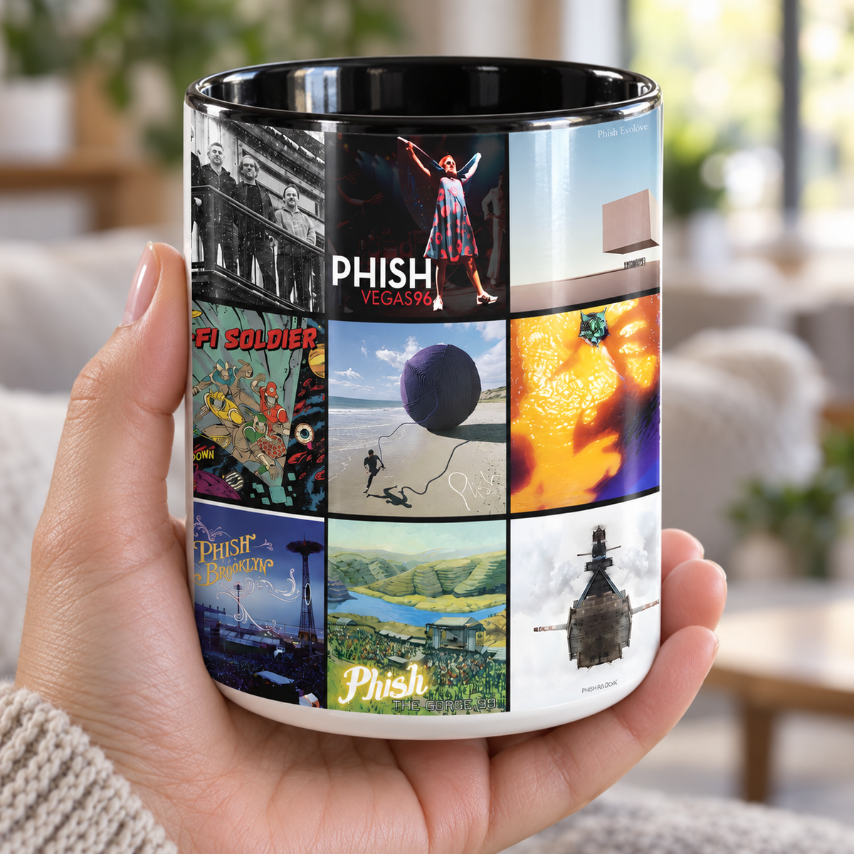 Phish Black Two-Tone Accent Coffee Mug - Classic Band Album Covers Collage Mug