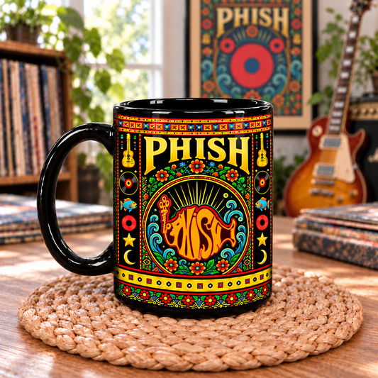 Phish Rock Band Mexican Folk Art Ceramic Coffee Mug - Fish Logo & Donut Art Cup for Music Lovers Home Kitchen Decor