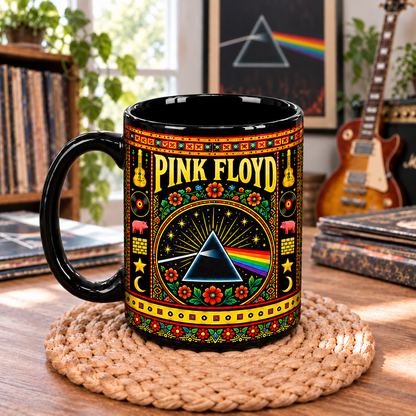 Pink Floyd Mexican Folk Art Ceramic Coffee Mug - The Division Bell Heads & Pink Pig Cup - Rock Music Fan Unique Gift Idea