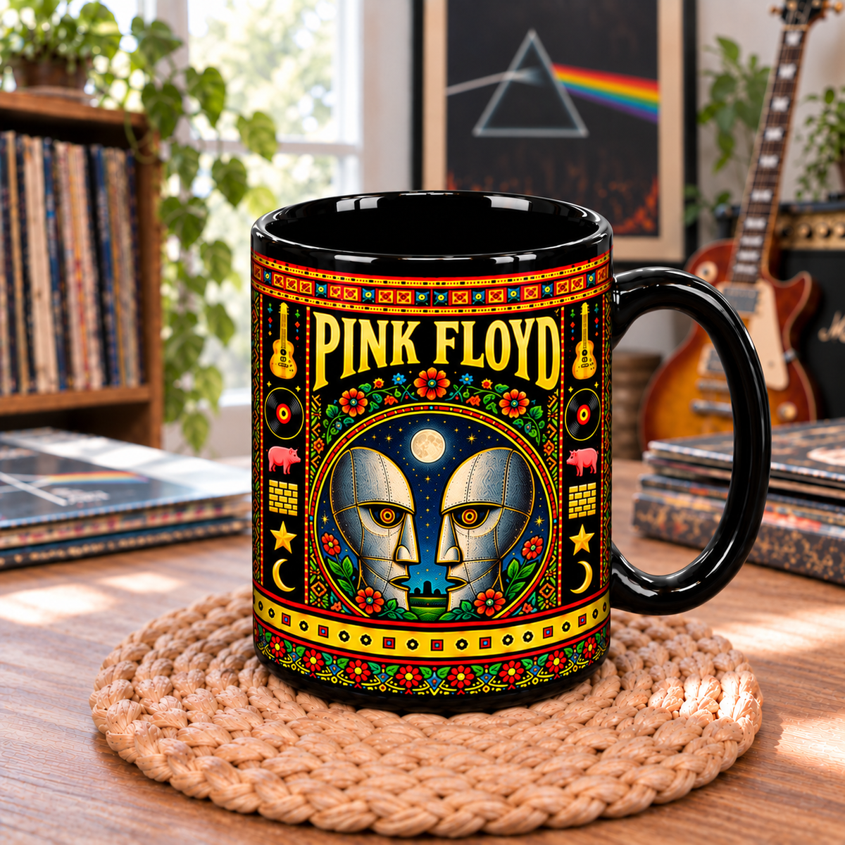 Pink Floyd Mexican Folk Art Ceramic Coffee Mug - The Division Bell Heads & Pink Pig Cup - Rock Music Fan Unique Gift Idea