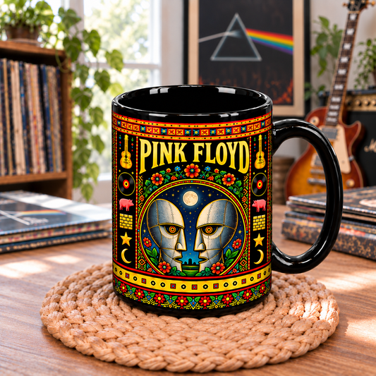 Pink Floyd Mexican Folk Art Ceramic Coffee Mug - The Division Bell Heads & Pink Pig Cup - Rock Music Fan Unique Gift Idea