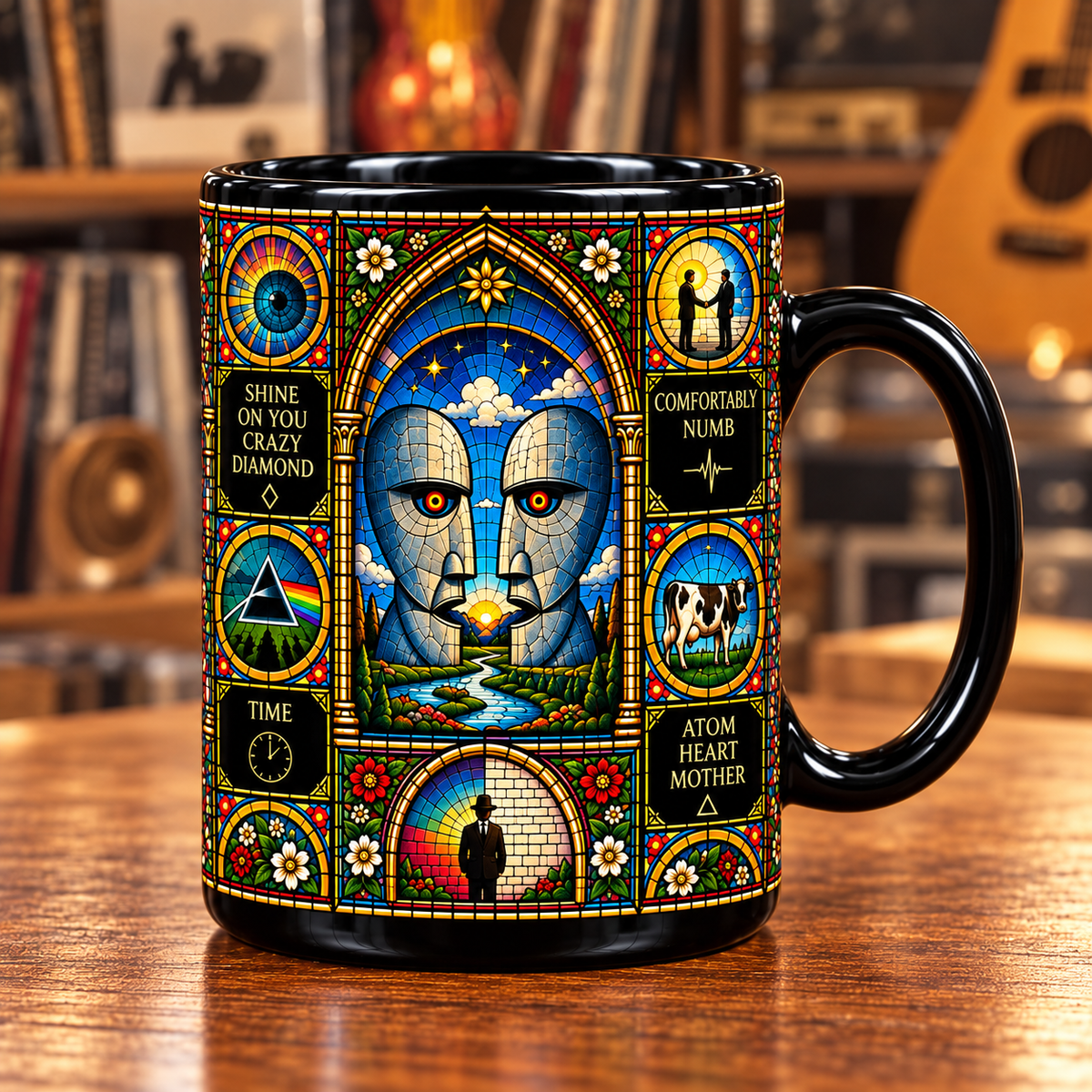 Pink Floyd Stained Glass Ceramic Coffee Mug - Dark Side Prism & Wall Hammers Cup - Prog Rock Band Fan Unique Gift Idea