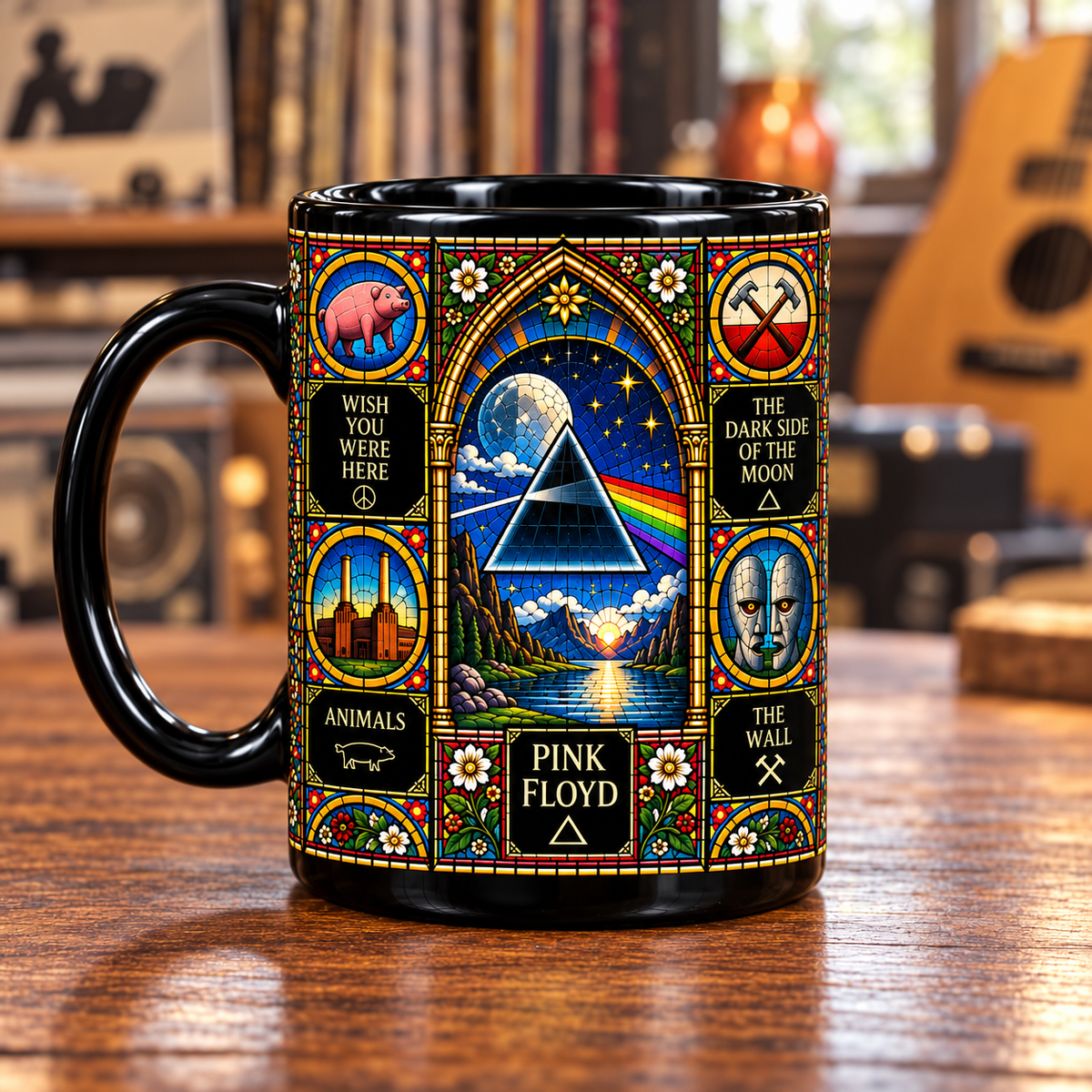 Pink Floyd Stained Glass Ceramic Coffee Mug - Dark Side Prism & Wall Hammers Cup - Prog Rock Band Fan Unique Gift Idea