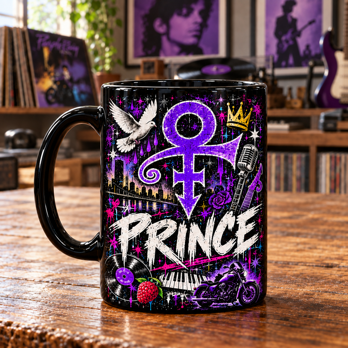Prince Purple Rain Black Ceramic Coffee Mug - Love Symbol & Classic Hits Graffiti Art Cup - Funk Rock Band Merch Fan Gift