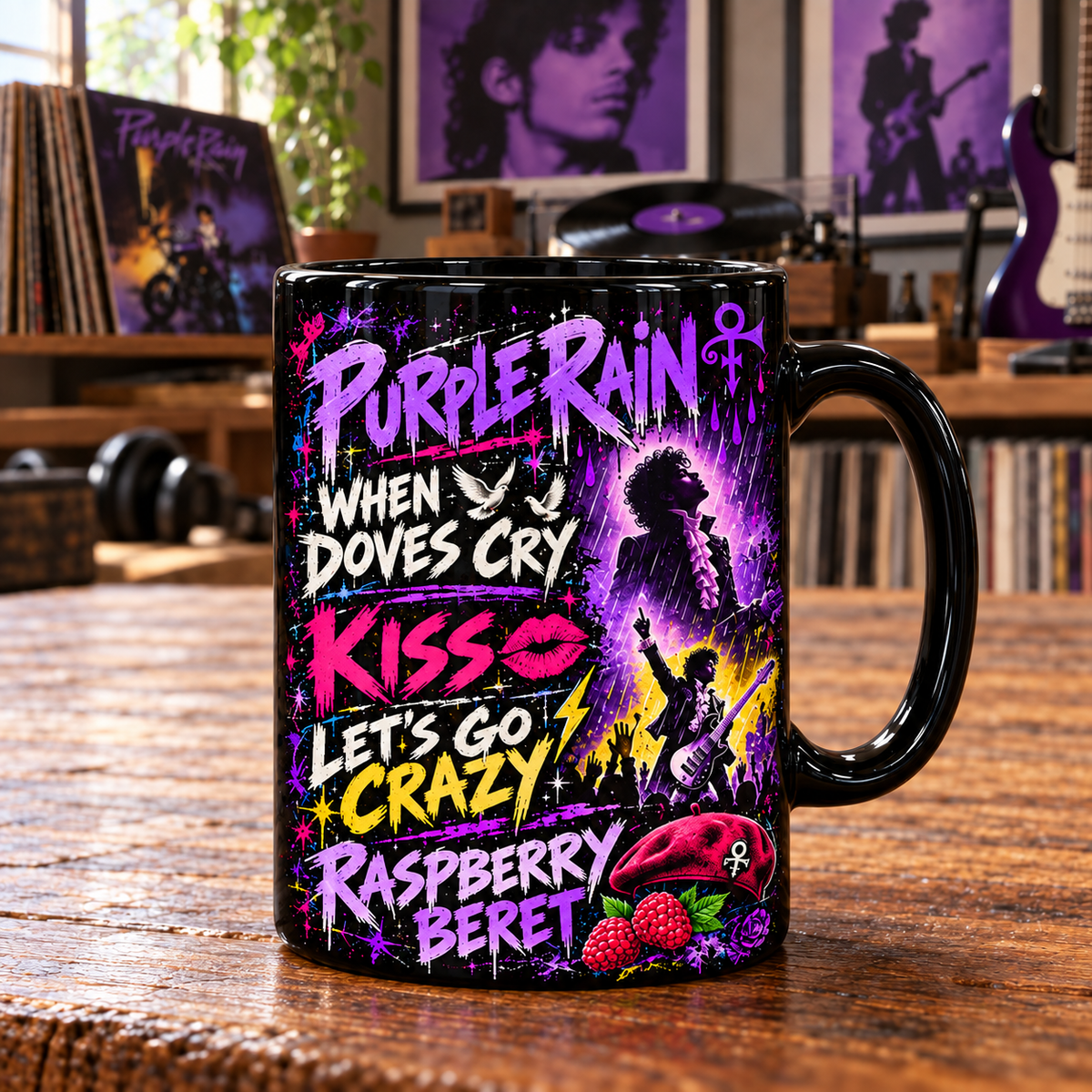 Prince Purple Rain Black Ceramic Coffee Mug - Love Symbol & Classic Hits Graffiti Art Cup - Funk Rock Band Merch Fan Gift