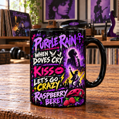 Prince Purple Rain Black Ceramic Coffee Mug - Love Symbol & Classic Hits Graffiti Art Cup - Funk Rock Band Merch Fan Gift