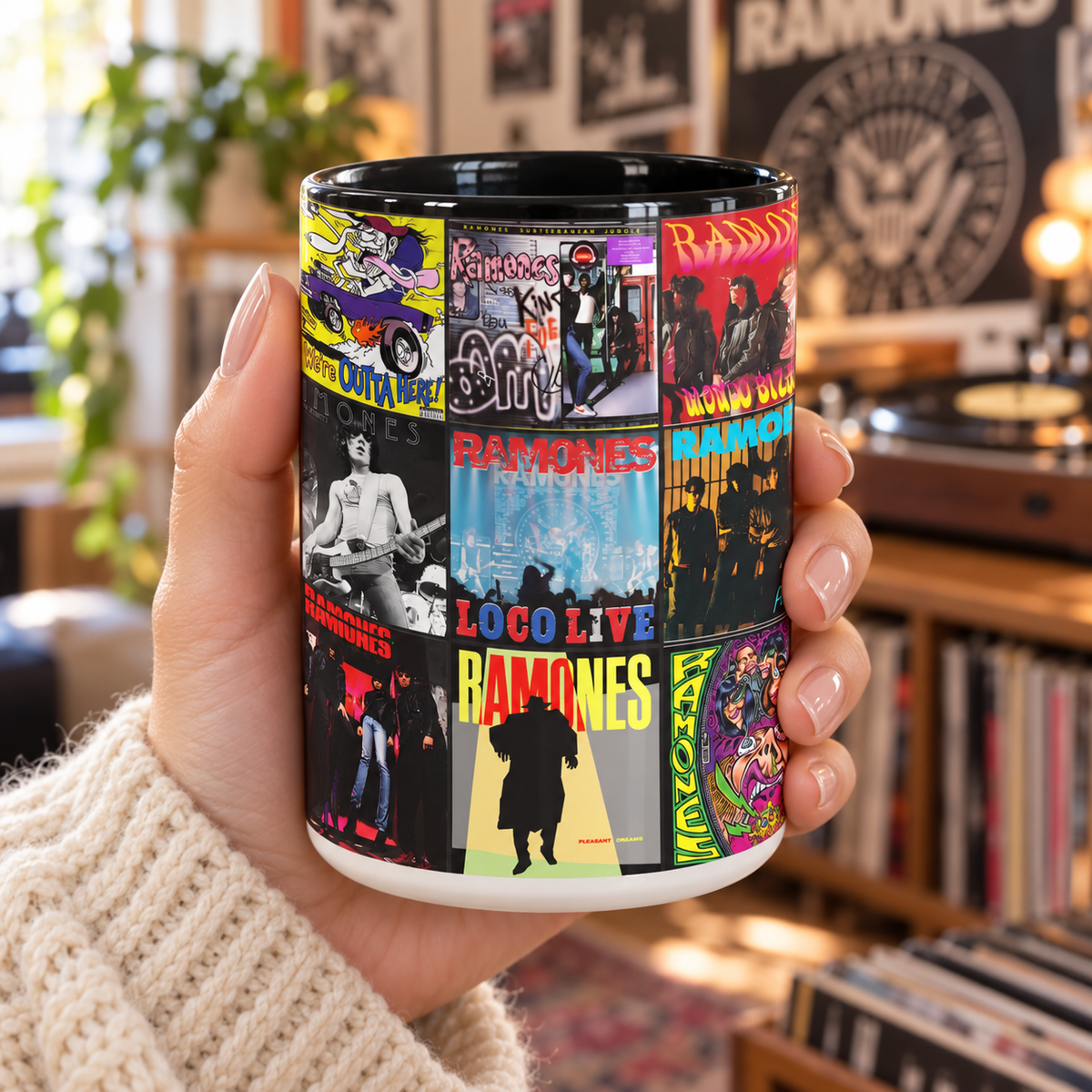 Ramones Black Two-Tone Accent Coffee Mug - Classic Band Album Covers Collage Mug