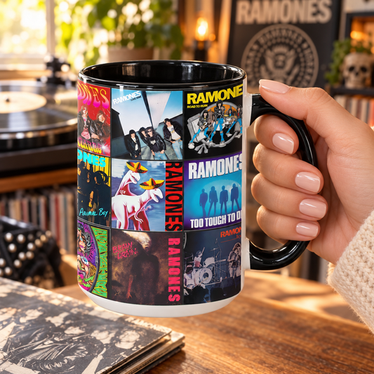 Ramones Black Two-Tone Accent Coffee Mug - Classic Band Album Covers Collage Mug