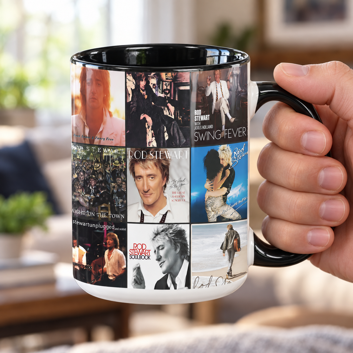 Rod Stewart Black Two-Tone Accent Coffee Mug - Classic Band Album Covers Collage Mug