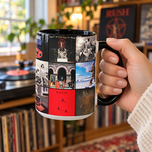 Rush Black Two-Tone Accent Coffee Mug - Classic Rock Band Album Covers Collage Mug