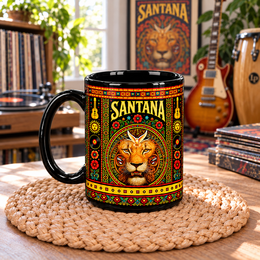 Santana Rock Band Mexican Folk Art Ceramic Coffee Mug - Sacred Heart & Lion Art Cup for Music Lovers Home Kitchen Decor