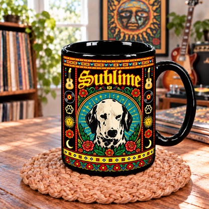 Sublime Band Mexican Folk Art Ceramic Coffee Mug - Sun Mascot & Acoustic Guitar Cup - Ska Punk Music Fan Unique Gift Idea