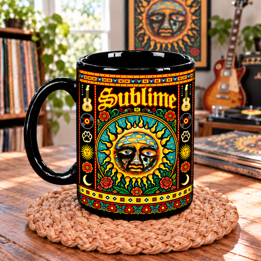 Sublime Band Mexican Folk Art Ceramic Coffee Mug - Sun Mascot & Acoustic Guitar Cup - Ska Punk Music Fan Unique Gift Idea