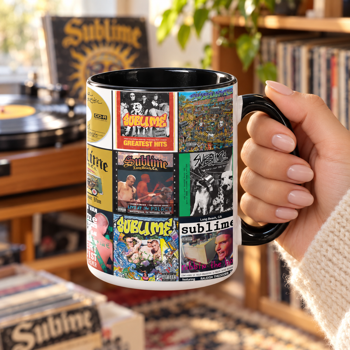Sublime Black Two-Tone Accent Coffee Mug - Classic Rock Band Album Covers Collage Mug
