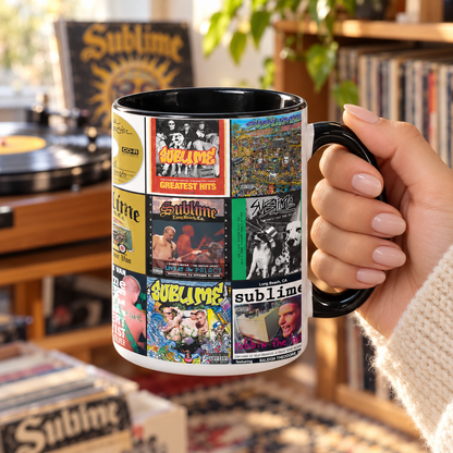 Sublime Black Two-Tone Accent Coffee Mug - Classic Rock Band Album Covers Collage Mug