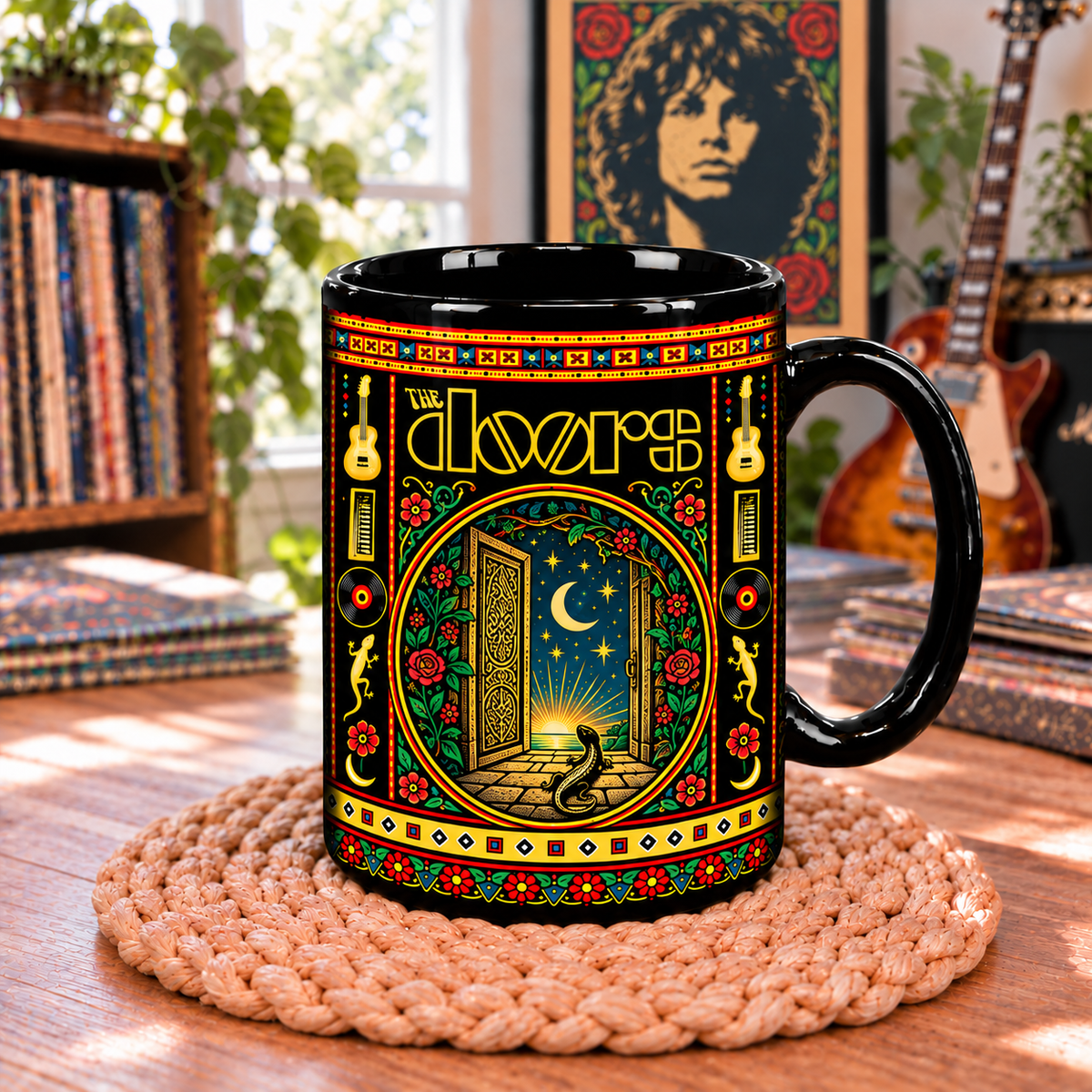 The Doors Mexican Folk Art Ceramic Coffee Mug - Open Door & Lizard Cup - Classic Psychedelic Rock Fan Unique Gift Idea