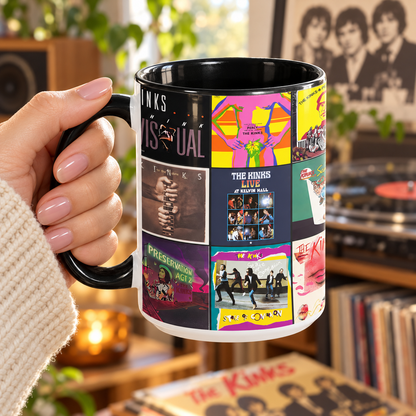 The Kinks Black Two-Tone Accent Coffee Mug - Classic Rock Band Album Covers Collage Mug