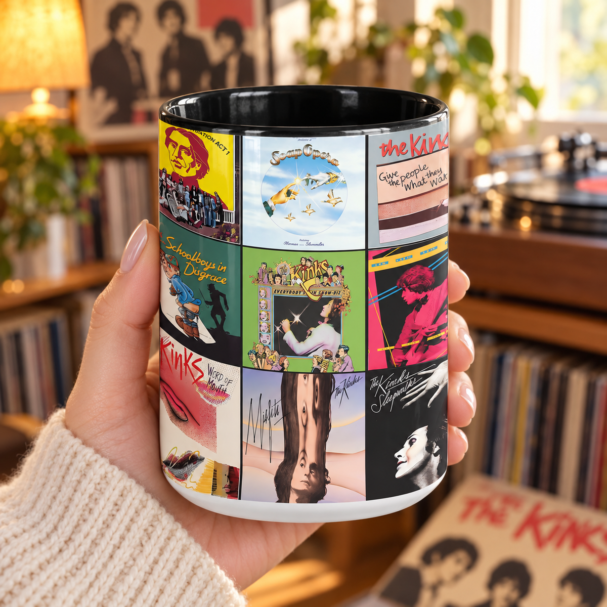 The Kinks Black Two-Tone Accent Coffee Mug - Classic Rock Band Album Covers Collage Mug