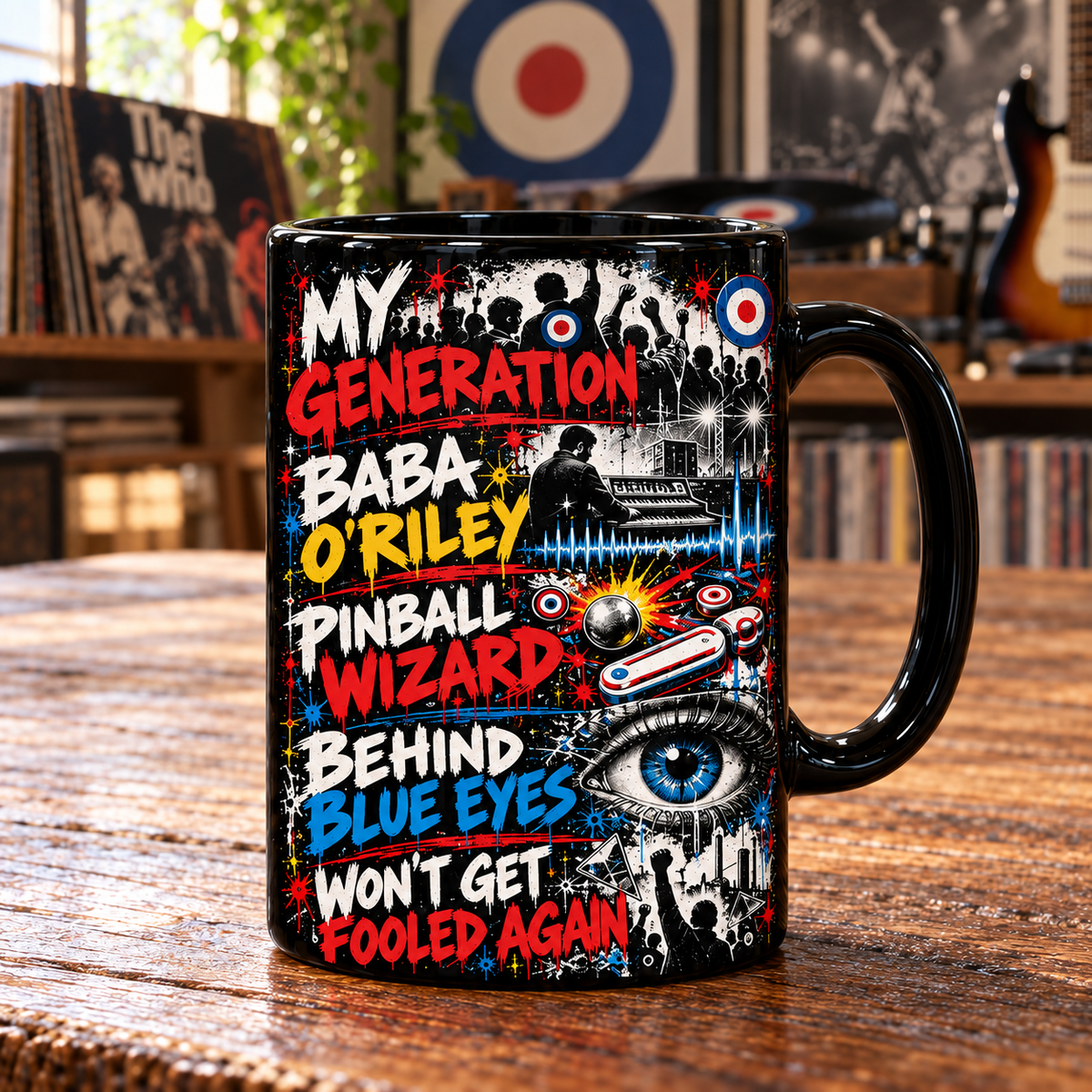 The Who Black Ceramic Coffee Mug - Mod Target Logo & Hits Graffiti Art Cup - Classic British Rock Band Merch Fan Gift