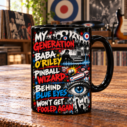 The Who Black Ceramic Coffee Mug - Mod Target Logo & Hits Graffiti Art Cup - Classic British Rock Band Merch Fan Gift