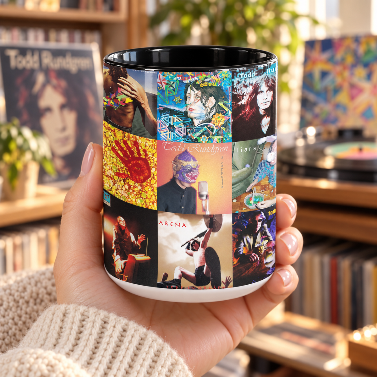 Todd Rundgren Black Two-Tone Accent Coffee Mug - Classic Rock Band Album Covers Collage Mug