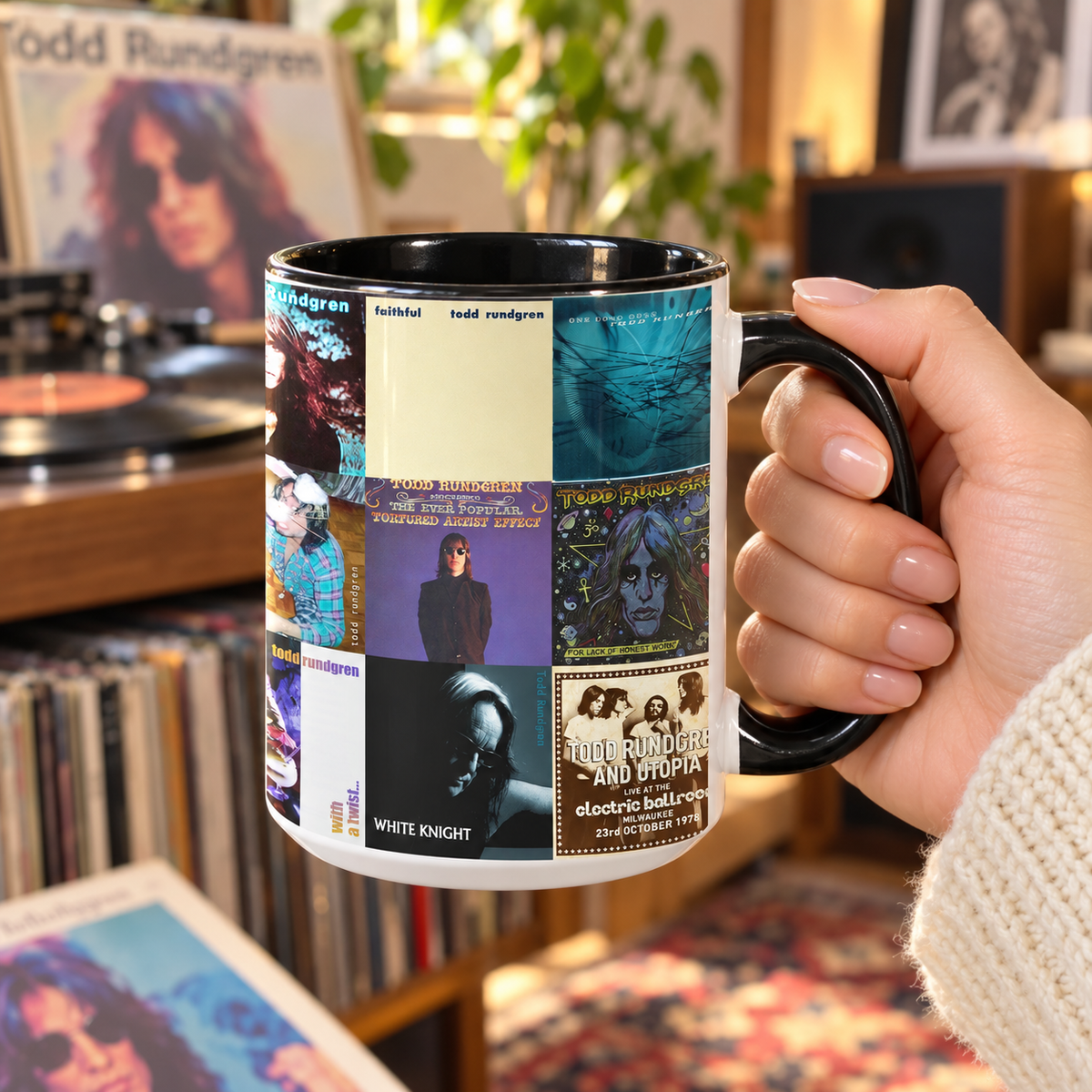 Todd Rundgren Black Two-Tone Accent Coffee Mug - Classic Rock Band Album Covers Collage Mug