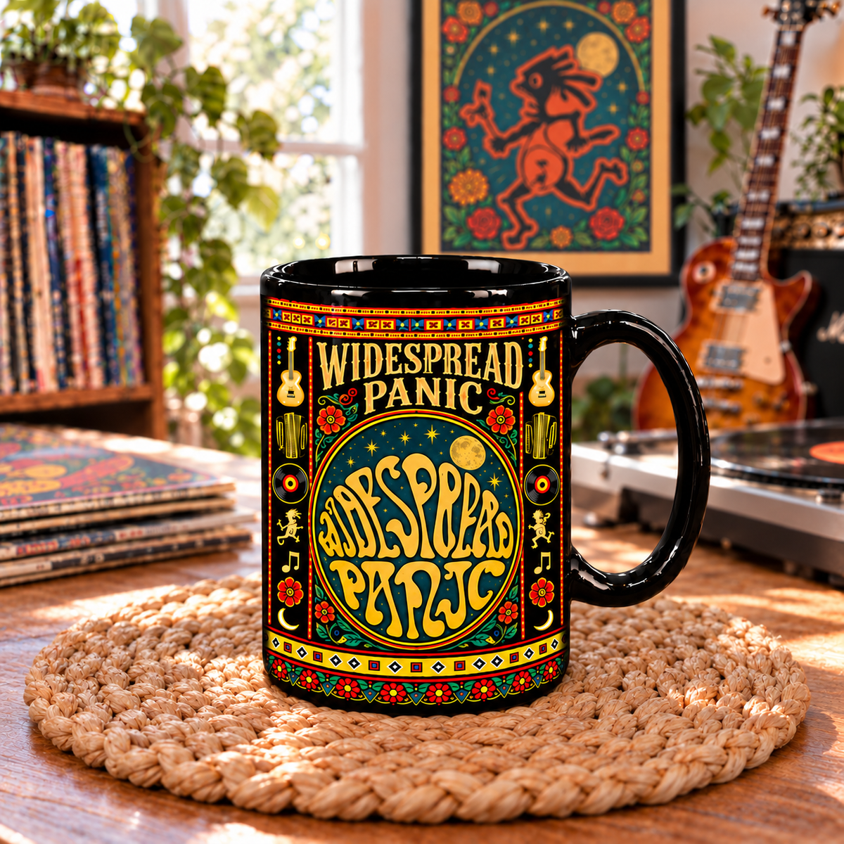 Widespread Panic Mexican Folk Art Ceramic Coffee Mug - Psychedelic Typography & Guitars Cup - Jam Band Music Fan Gift Idea