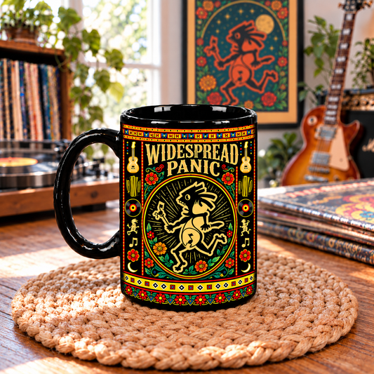 Widespread Panic Mexican Folk Art Ceramic Coffee Mug - Psychedelic Typography & Guitars Cup - Jam Band Music Fan Gift Idea