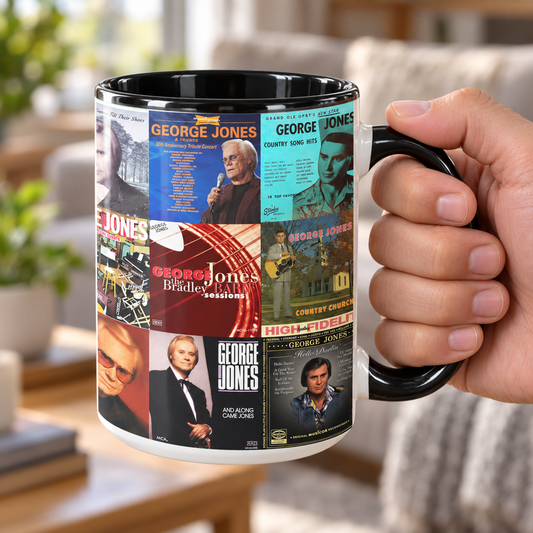 George Jones Black Two-Tone Accent Coffee Mug - Classic Band Album Covers Collage Mug