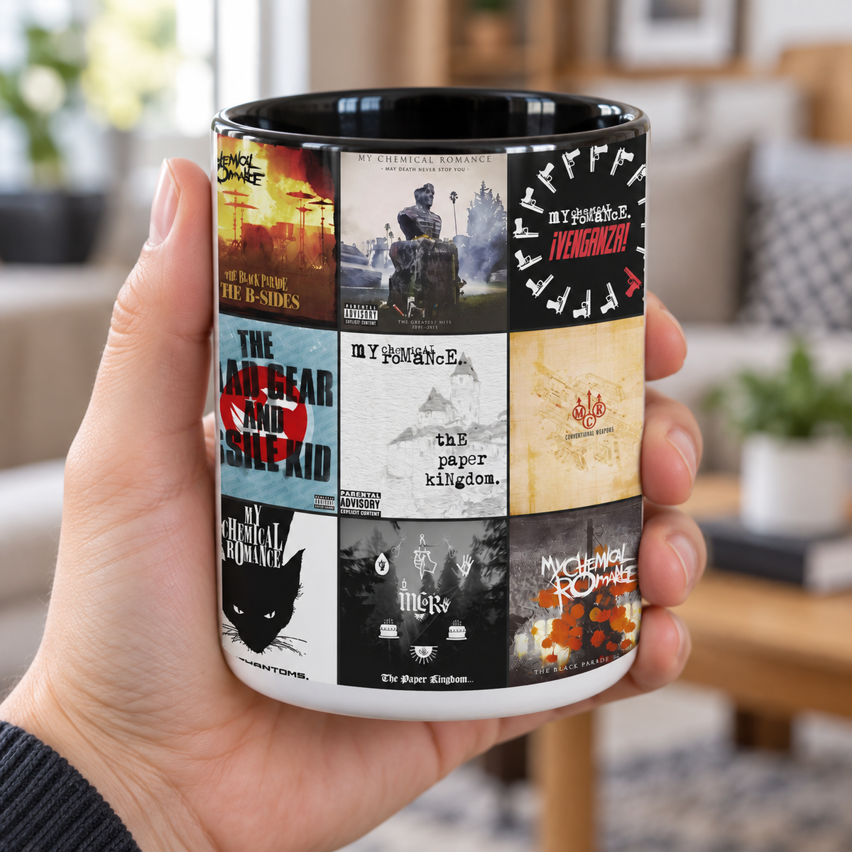 My Chemical Romance Black Two-Tone Accent Coffee Mug - Classic Band Album Covers Collage Mug