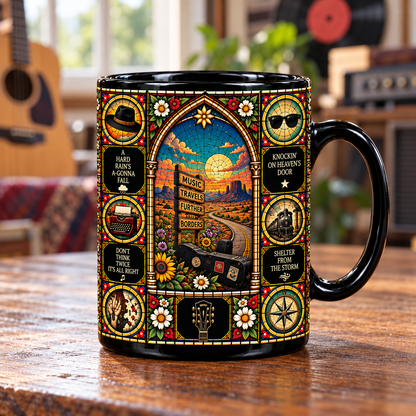 Bob Dylan Stained Glass Ceramic Coffee Mug - Acoustic Guitar & Harmonica Cup - Folk Rock Music Fan Unique Gift Idea