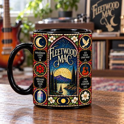 Fleetwood Mac Stained Glass Art Mug – Rumours & Rhiannon Inspired Black Ceramic Coffee Cup, Classic Rock Gothic Design
