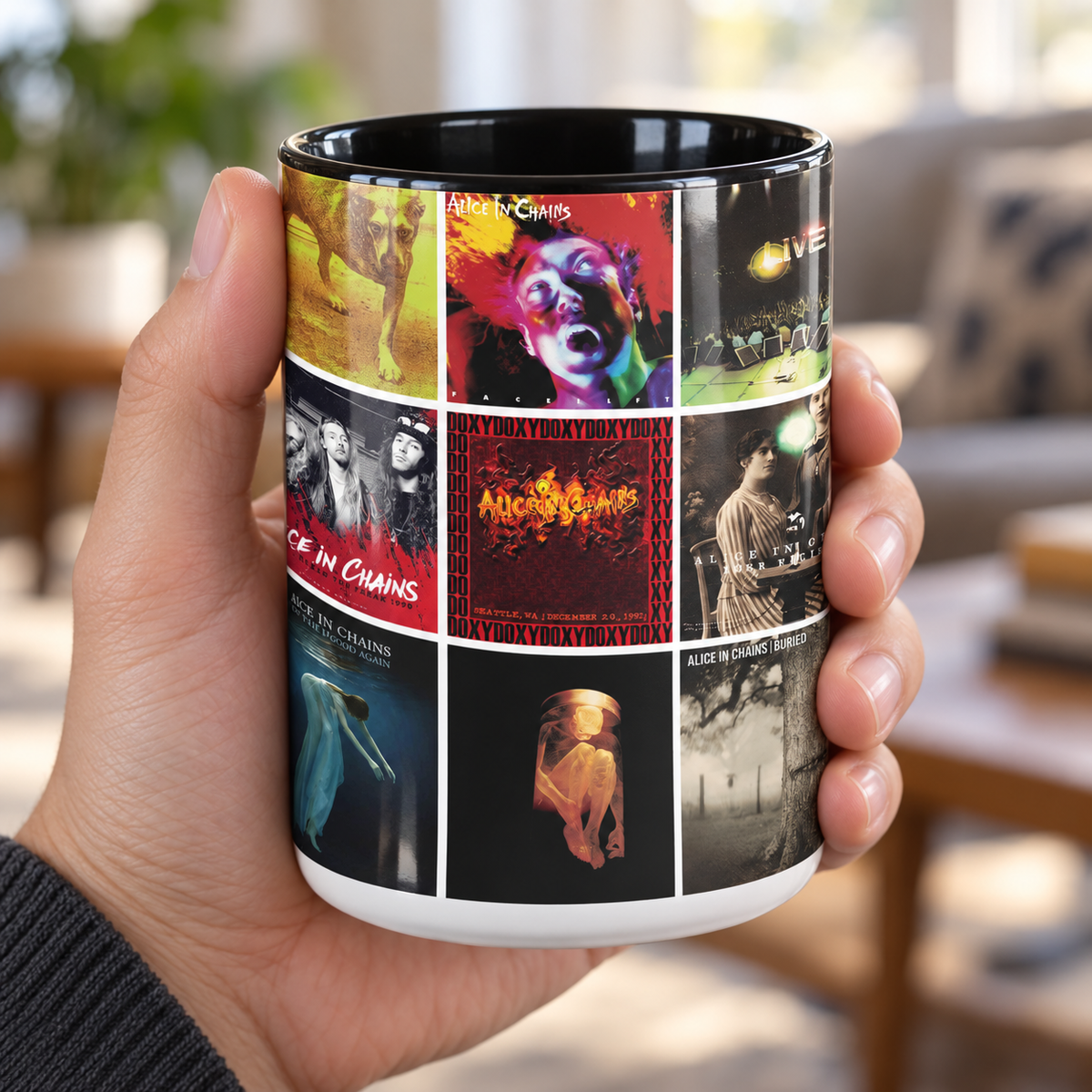 Alice In Chains Black Two-Tone Accent Coffee Mug - Classic Band Album Covers Collage Mug